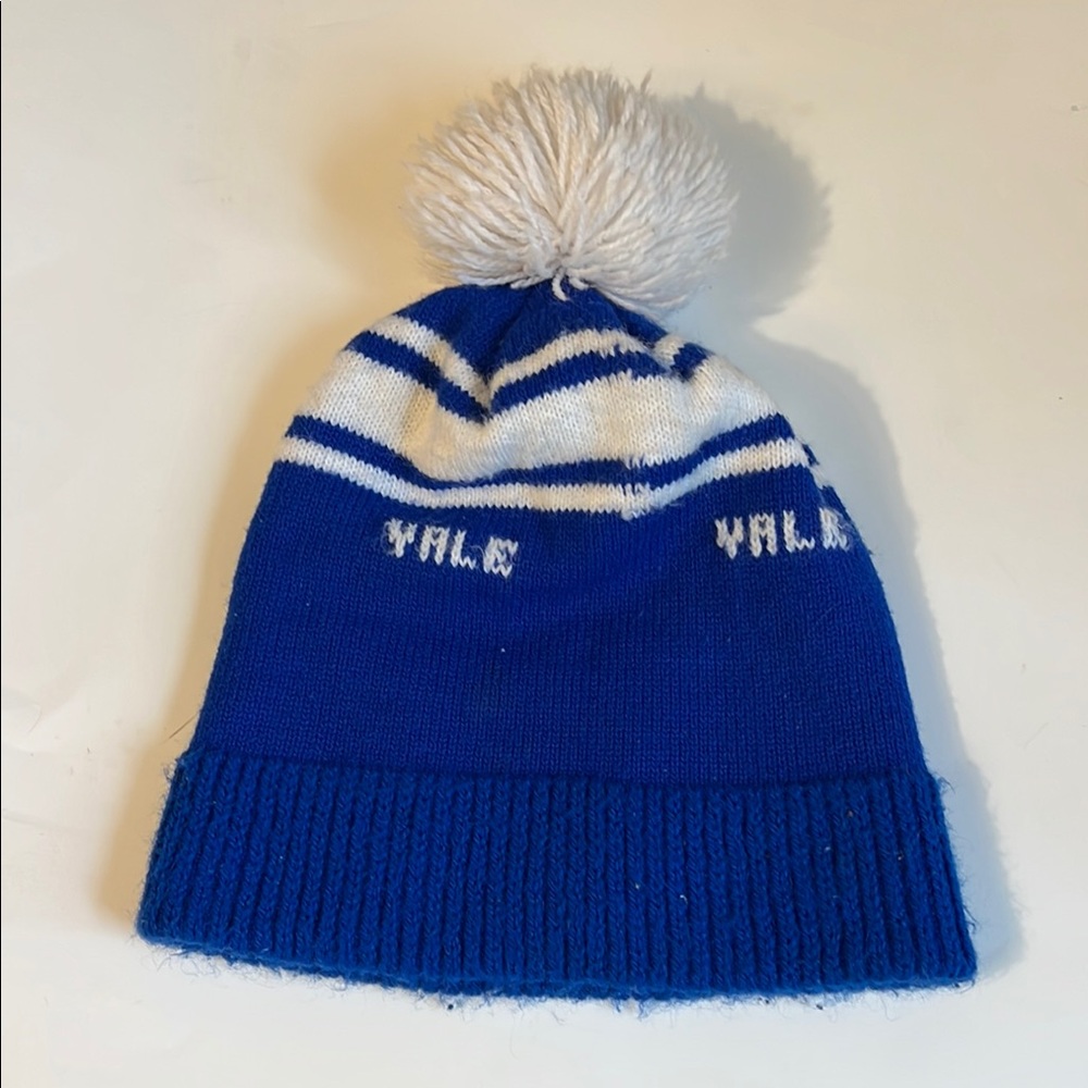 Vintage Yale Blue and White Pom-Pom Beanie Retro Hat